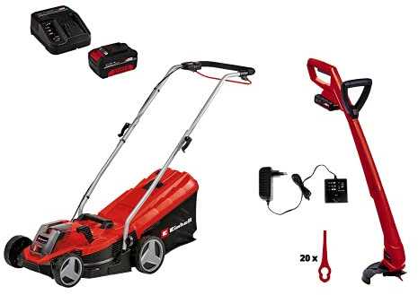 Einhell Tondeuse à gazon sans fil GE-CM 18/33 Li (1 x 4,0 Ah) Power X-Change(avec batterie 4,0 Ah et chargeur, jusqu'à 200m²)Livré avec Coupe-bordures GC-CT 18/24 Li P (1x1,5Ah) en KIT