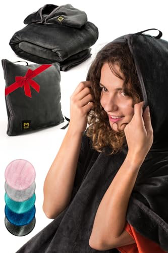 MasterManner Reisedecke Flugzeug kompakt mit Hoodie - 2in1 Flugzeug Reisezubehör von Flugzeugdecke bis Reisekissen mit Gepäckgurt, weichem Griff & sicherer Tasche, Schwarz