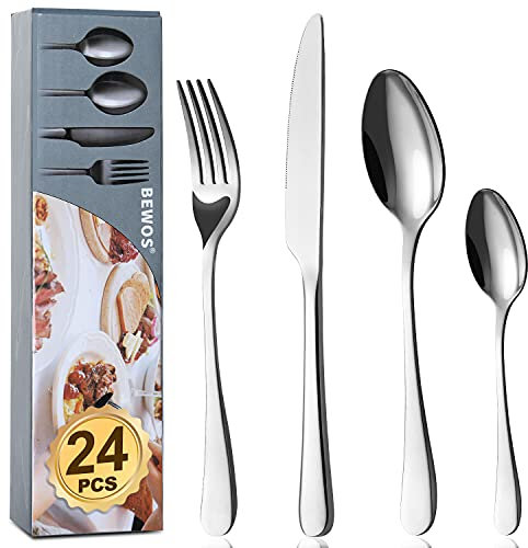 BEWOS Couverts de table, 24 pièces couverts argente de haute qualité en acier inoxydable, couverts set fourchettes, couteaux, cuillères, service pour 6, passe au lave-vaisselle