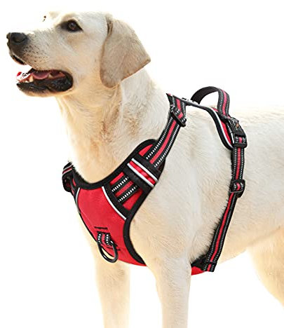 HEELE No-Pull Hundegeschirr, Brustgeschirr für Große Hunde, Weich Atmungsaktiv Einstellbar Reflektierend Hundegeschirr Anti Zug mit Gepolstert Griff, Rot, XL