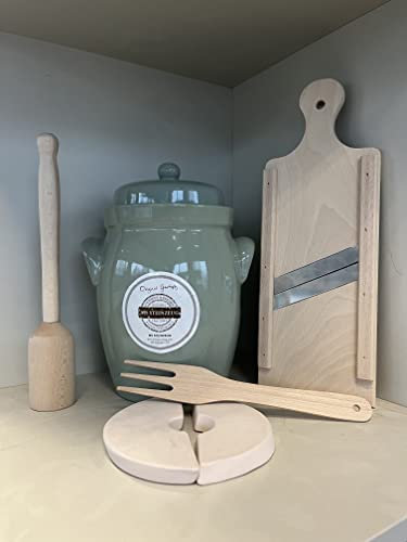 MS-Steinzeug Gärtopf-Set 5 L Pastell grün bauchig Einmachtopf zum Konservieren, Fermentieren | Ideal für Vegetarier & Veganer | Inkl. Beschwerungsstein, Krautschneider, Stampfer, Krautgabel & Rezepte