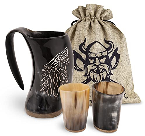 VIKING CRAFT® Jarra Con Cuerno de 600 ml - Jarra Grande Fenrir y 2 Vasos Vikingos Para Aguamiel - Decoración Medieval, Juego de Cuerno, LARP, Cuencos