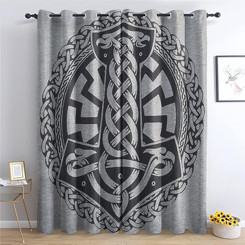 THYUNQ Vorhänge Wikinger Motiv, Vorhang Blickdicht Verdunklungsvorhänge mit Ösen - Gardinen Wohnzimmer Schlafzimmer Fenster, 2er Set Curtains, H 137 x B 117 cm