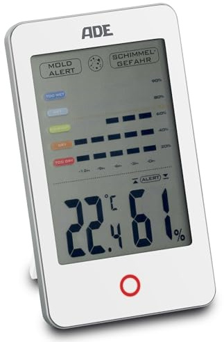 ADE Hygromètre numérique | Alarme visuelle de moisissure | Thermomètre avec affichage de la température | Humidité avec historique de 12 heures | Grand écran LCD | Batterie incluse | Blanc