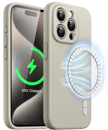 JETech Magnetisch Silikon Hülle für iPhone 15 Pro Max 6,7 Zoll, Kompatibel mit MagSafe, Handyhülle mit Voll Kamera Schutz (Titan Natur)
