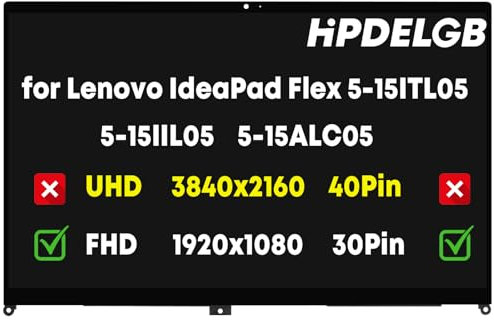 HPDELGB Screen Replacement for Lenovo IdeaPad Flex 5-15ITL05 5-15IIL05 5-15ALC05 Series 81X3 82HT 81X30 5D10S39643 5D10T77944 LCD Touch Screen Digitizer Assembly Bezel with Board FHD 1920x1080-30Pin