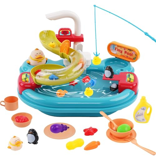 Spielspüle mit fließendem Wasser,3-in-1-Küchenspüle Spielzeug Set,,Schwimmendes Angelspielzeug für das Wasserspiel,Rollenspiel für Kinder,Geschenk für Mädchen und Jungen