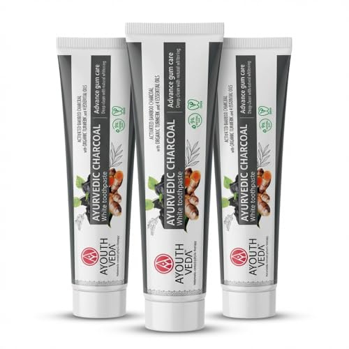 Ayouthveda Aktivkohle Zahnpasta Ohne Fluorid – Fluoridfreie Kohle Zahnpasta für Strahlend Weiße Zähne, Sanfte Reinigung mit Schwarzer Zahnpasta, Natürliche Zahnpflege – 3er-Pack (3x100 g)