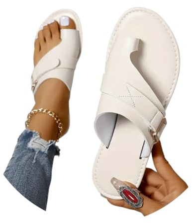 Onsoyours Hallux Valgus Sandales Femme Été Confortable Plates Tongs PU Nu Pieds Bout Ouvert Chaussures Orthopediques Sandales Pantoufles de Plage Vacances Slippers A Blanc 36 EU
