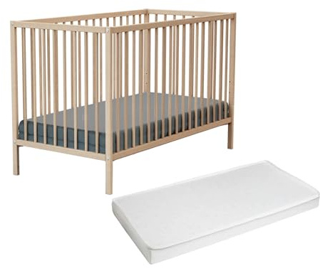 WEBABY - Babybett aus Holz mit Matratze Weiß 60 x 120 cm | 124 x 64,5 x 82 cm | Verstellbarer Lattenrost in 3 Höhen (Beige)