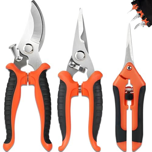 3 Stücke Gartenschere Set, Hillylolly Scharfe Rosenschere Profi, Pflanzenschere Cannabis, Ernteschere, Pflanzenschere Spitz, Bonsai Schere für Zweige Obstbäume Äste, Bis 20 mm Schnittdurchmesser