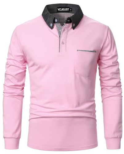 YCUEUST Coton Homme Col Chemise Treillis Manche Longue Polo Casual Basic Tennis Golf T-Shirt Rose XXL
