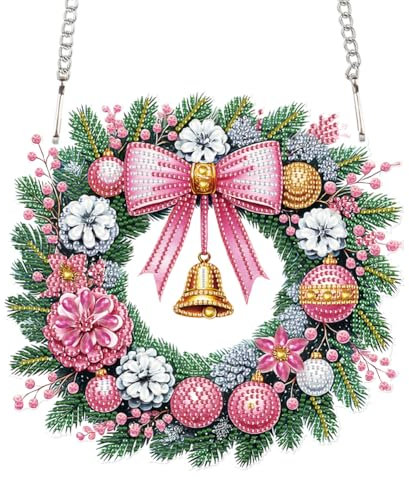 Demiawaking 5D DIY Diamond Painting Weihnachten Girlande Kranz Set, Diamant Painting Anhänger Kits mit Kette, Diamant Malerei Türkranz Weihnachtsdeko Tür Fenster Deko DIY Geschenk (43)