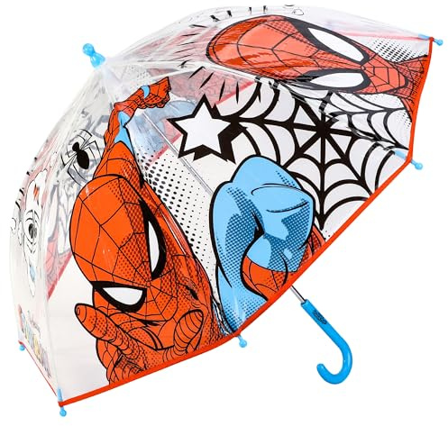 Marvel Spiderman Kids Clear Dome Umbrella – Children's Character Umbrella with Transparent See Through Canopy, Lightweight & Windproof School Rain Umbrellas for Boys & Girls | with Safety Opening