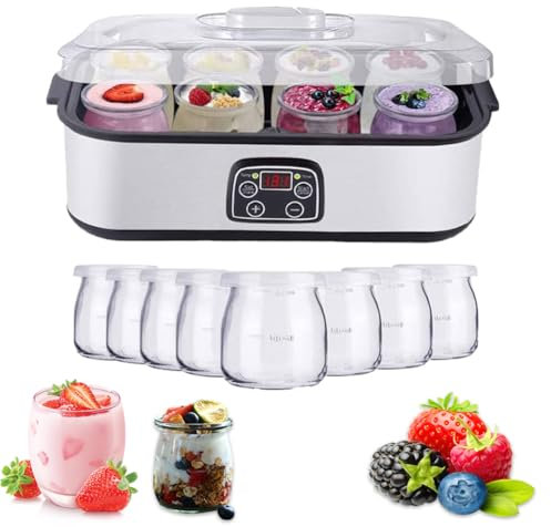 Yogurtera De Acero Inoxidable, Máquina Automática para Hacer Yogur con Control De Temperatura Constante Y Temporizador, Máquina para Hacer Yogur Digital con 8 Vasos De Vidrio, para Hacer Postres