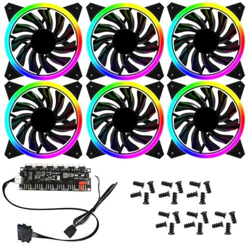 RGB PC Cooling Fan Kit, Rainbow LED Addressable RGB 120mm Case Cooling Fans With Hub Controller for PC Cases, Gaming PCs (6 Fans With Hub)
