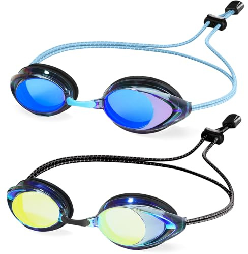 ITOWE Confezione da 2 occhialini da nuoto competitivi, per adulti, per uomini e donne, con cinturino elastico in morbido silicone a prova di perdite, facili da regolare, visione panoramica, visione
