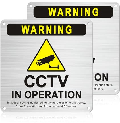 2 Pack Metal CCTV in Operation Sign, CCTV Signage with Self Adhesive 4 Pre Drilled 15 ×15 cm Brushed Aluminium CCTV Signs Outdoor, Waterproof UV Resistant Rustproof for Apartments and Shopping Malls