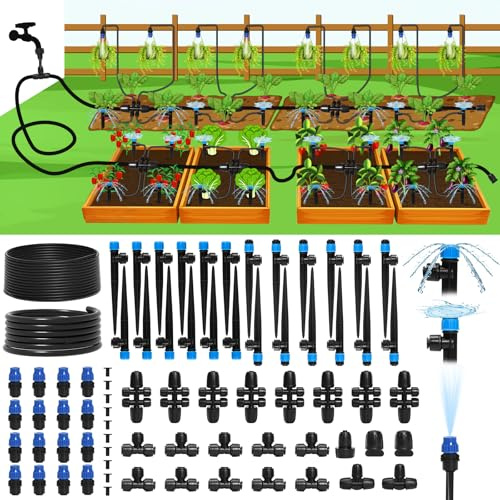 Bonviee 247FT Drip Irrigation System, Automatic Garden Watering System Kit with 50FT 5/16” & 1/4” Drip Tubing, Quick-to-Connect Fittings, Adjustable Drip Emitters for Raised Beds, Greenhouse, Lawn