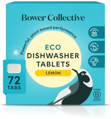 Bower Collective Eco Dishwasher Tablets 72 Pack, Plastic Free Natural Dishwasher Pods, Plant Based, 87% Naturally Derived, Biodegradable Water Soluble Wrapper