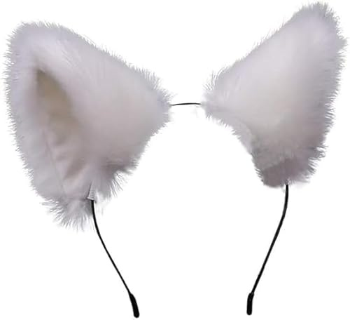 Cawhui Cute White Cat Ears Headband Long Fur Fox Ears Cosplay Headband with Bells Headwear Hairband for Party Costume Halloween Hairhoop