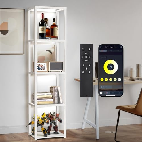 OUTON 170cm Vetrina in Vetro con Luci, Lampada da Terra a LED Dimmerabile con Telecomando e Controllo via App, Libreria Aperta per Oggetti da Collezione per Soggiorno e Camera da Letto, Bianco