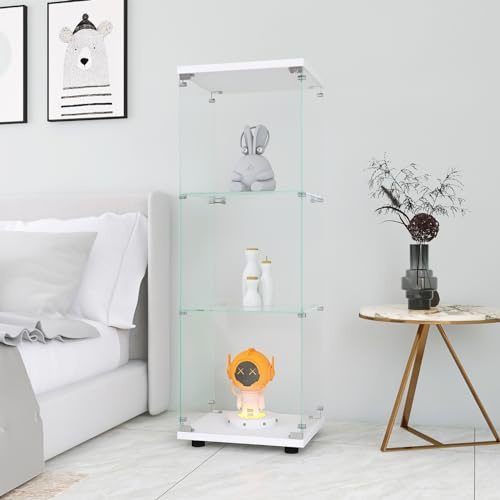 JYNVO Vitrine en verre trempé, avec 3 étagères et 1 porte, vitrine en verre trempé, vitrine en verre verrouillable, vitrine verticale en verre, pour salon, blanche