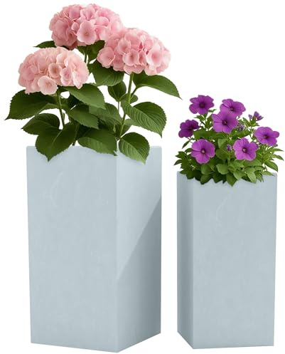 CLP Pflanzkübel groß, 2er Set für außen und innen, Outdoor XXL Blumenkübel eckig, wetterbeständig frostsicher in Steinoptik, Winterfest Farbe grau