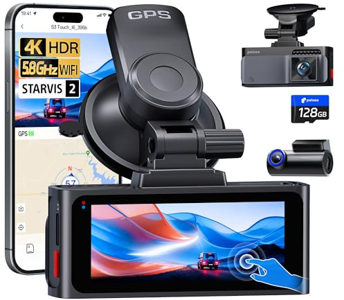 Pelsee S3 Touch 4K Dash Cam Front and Rear, STARVIS 2 Sensor, STARLIT™ Full Color Night Vision, 128GB Card, WiFi 6, ADAS, Dash Camera for Cars with 3.39IPS Screen, Voice Control, 24H Parking Mode GPS