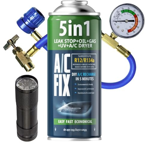 AC FIX 5-i-1 – R134a + Slang + ficklampa, 235 g Köldmedium för bilens luftkonditionering med olja, tätningsmedel, UV-färgämne, torkmedel – Snabb applicering – Skyddar kompressorn
