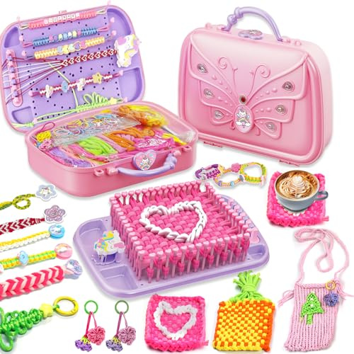 6-in-1 Freundschaftsarmband Selber Machen,Webstuhl-Set Spielzeug,Kunst und Handwerk für Kinder Alter 7 8 9 10 11 12 Jahre,DIY-Armband- und Untersetzer-Bastelset,Handwerk für Mädchen,Geschenk (Rosa)
