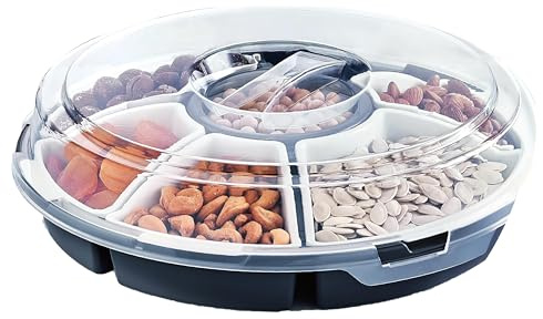 mucHome Servierschale Ø33 cm Transport Servierset mit 6 Snackschalen und Deckel für Transport - runde Snackbox Snackteller Tapas Schüssel Dip Schale Servierplatte Transportbox spülmaschinenfest