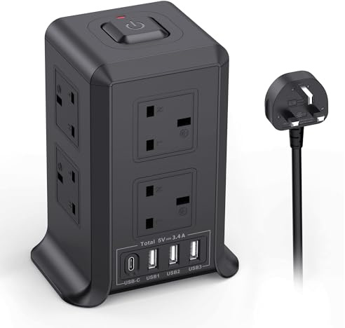 Tower Extension Leads with 4 USB Slots, 5M Extension Lead with 8 Way Plug Extension Tower, Surge Protected Extension Lead with Switch, Multi Socket Extension Cord for Home, Office