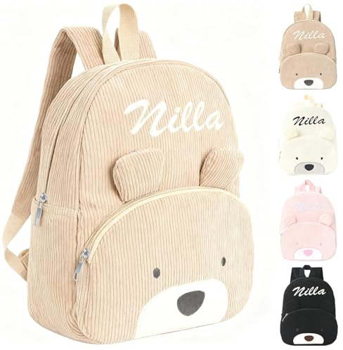 Générique Sac a Dos Enfant Maternelle Fille & Garcon, Sac a Dos Personnalisé Enfant Prenom,Velours Côtelé Petit Cartables Bebe Personnalisable, Sac d'école pour Creche Ecole Voyage (Kaki)