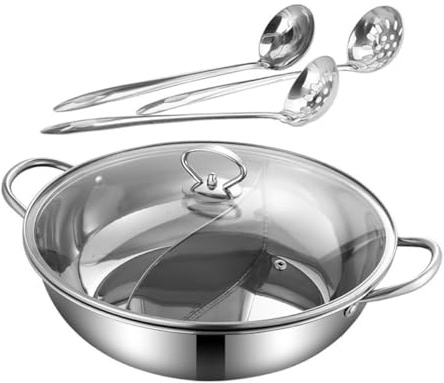 TOYANDONA Set Pentola Hot Pot Doppio Sapore in Acciaio Inox 32 CM con Colino e Cucchiaio Pentola Multiuso per Fornelli Gas Induzione ed Elettrici Accessorio Cucina per Ristoranti e