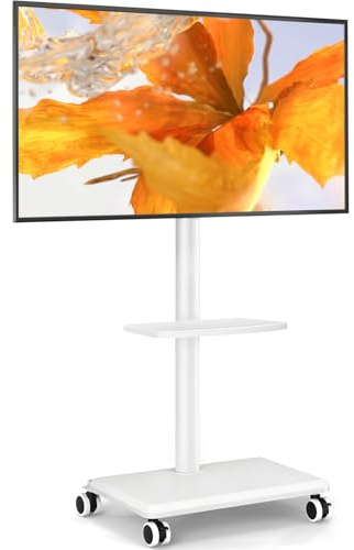 5Rcom TV Stand on Wheels for 27-60 Inch TVs, Mobile TV Stand Cart Trolley Height Adjustable Swivel with Wood Base Max VESA 400x400mm Holds 40kg (Solid White, With SHELF)