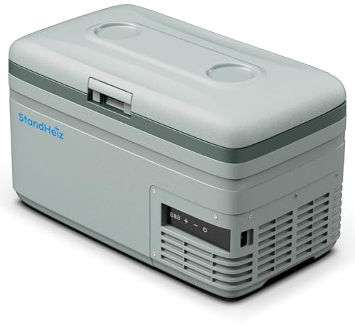 Kompressor kylbox 15 l – kompakt minikylskåp med appkontroll och ECO-läge, 12 V/24 V/230 V för bil, camping och lastbil, frysfunktion upp till -20 °C, grå-grön