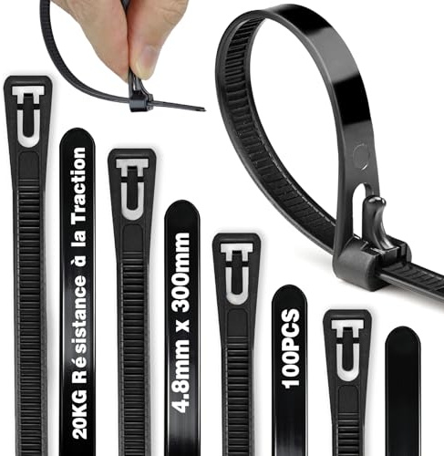 Serre Cable Serflex Noir Réutilisable,100Pièces 300mmx4,8mm Collier de Serrage, Attache Câble Durable Résistant au UV, Zip Ties Pour Cable Management, Jardinage, Atelier, Installation électrique
