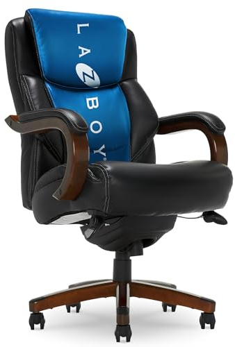 La-Z-Boy Delano Big and Tall Executive Office Chair - Ergonomic Lumbar Support Memory Foam - Bonded Leather Desk Chair for Home Office - Mahogany Wood Arms - Black