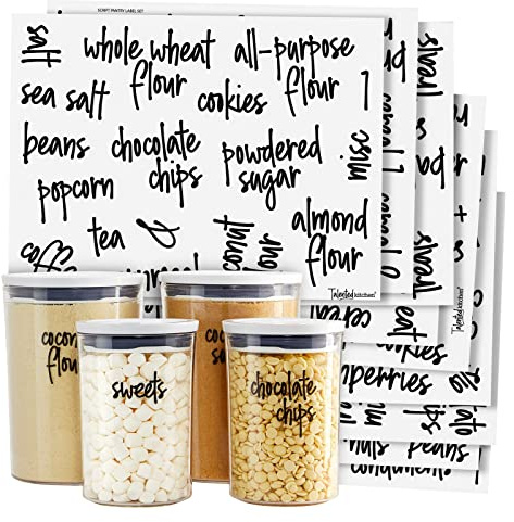 Talented Kitchen 157 Pantry Labels for Food Containers - Preprinted Black Script Kitchen Food Organization Labels for Storage Canisters and Jars (Water Resistant)