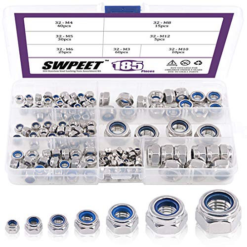 Swpeet 185Pcs 304 Stainless Steel Metric Lock Nut Assortment Kit Perfect for Lock Washers, Nylon Insert Locknut M3 M4 M5 M6 M8 M10 M12