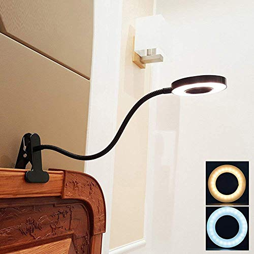 Depuley 6W - Lámpara de escritorio USB Clipsable con pinza de lectura en cama, luz blanca cálida y fría, cuello de cisne flexible de metal negro (adaptador no incluido) [Clase energética A++]