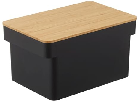 YAMAZAKI 4947 TOWER Brotkasten mit Messerablage, schwarz, Polypropylen/Bambus, Minimalistisches Design