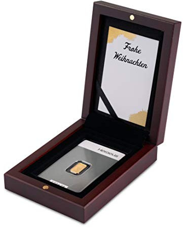 Goldbarren 1g Heraeus im edlen Geschenk-Etui mit Grußkarte - Mahagoni - Feingold 999,9 (1g Gold Weihnachten)