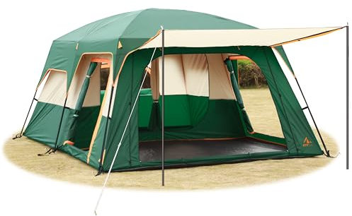 KTT Extra Large Tent 12 Person,Family Cabin Tents,2 Rooms,3 Doors and 3 Windows with Mesh,Straight Wall,Waterproof,Double Layer,Big Tent for Outdoor,Picnic,Camping,Family Gathering(Green)