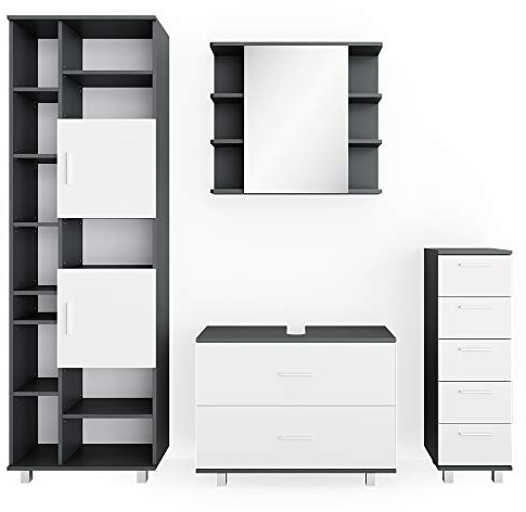 Vicco Badmöbel-Set Ilias, Weiß/Anthrazit, 80.2 cm, besteht aus Waschbeckenunterschrank, Spiegelschrank, Hochschrank und Midischrank
