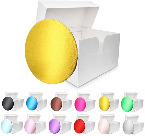 LARRYROO Colour Cake Drum Board & White Box + Lid Combo Pack for Wedding, Birthday Cakes (Gold, 10 Inches)