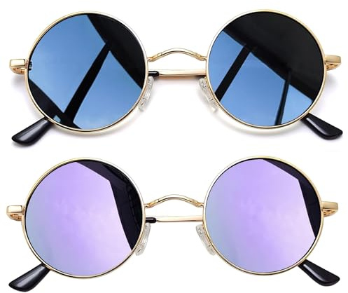 Joopin 2er-Set Sonnenbrillen Herren Rund Retro Brille Damen Hippie UV400 | Polarisiert, Metallrahmen, Klein, Schmal, Steampunk, Unisex, 30°-Flex-Scharnier, Alltag, Festivals, Partys, Halloween