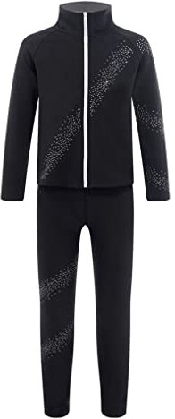 Kaerm Traje de manga larga para niños y niñas, chaqueta de patinaje artístico, con cremallera frontal, diamantes de imitación, pantalones de patinaje sobre hielo brillantes, Negro , 110 cm-116 cm