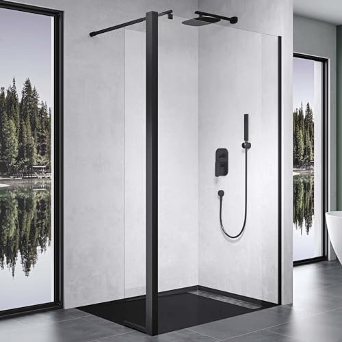Mai & Mai Walk-In Duschwand für Dusche Duschabtrennung 60x200cm 8mm Klarglas mit 30cm Nebenteil ESG-Sicherheitsglas mit Nanobeschichtung Runder Stabilisator Bremen01K-Plus Schwarz